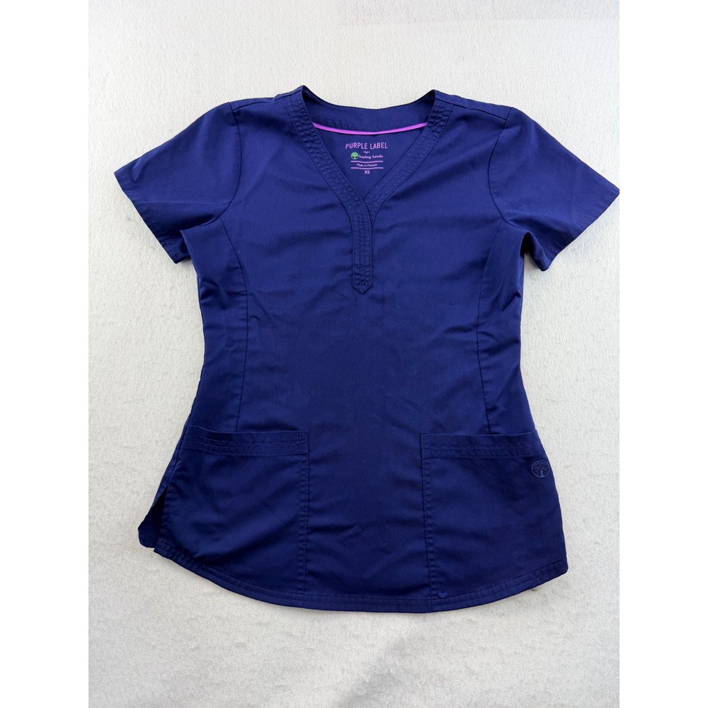 Healing Hands Purple Label Womens Navy Blue Y-Neck Scrub Top XS 5957